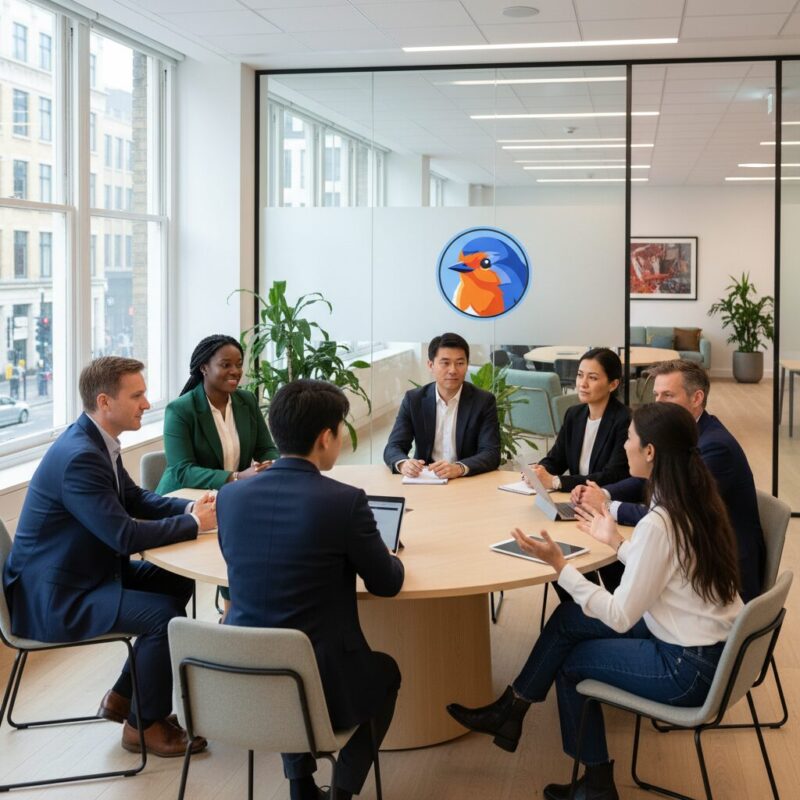 Inclusive trustee interview panel engaging with a candidate in a modern office