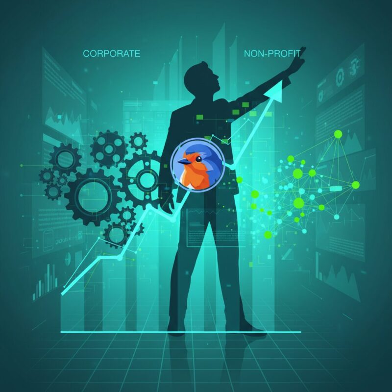 Infographic contrasting corporate change management with agile non-profit reality frameworks using teal and green data nodes