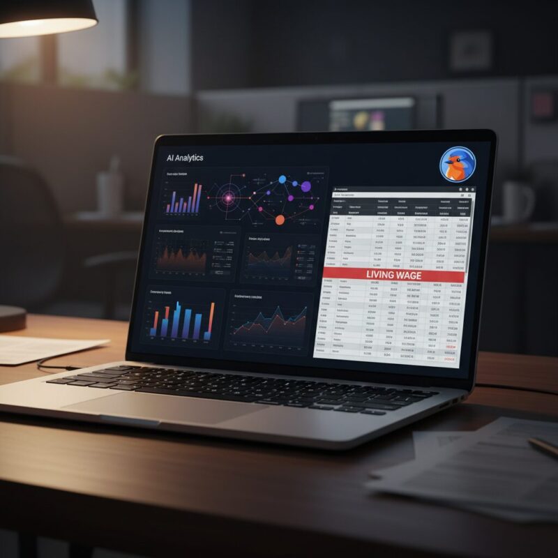 Laptop displaying AI efficiency dashboard next to budget documents