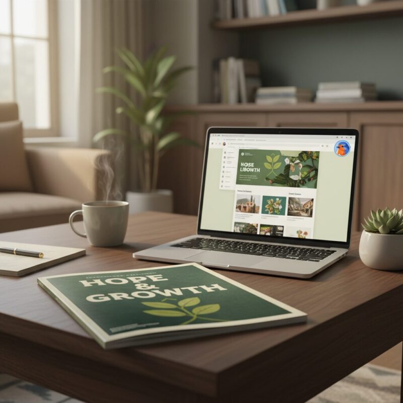 Laptop displaying media asset kit next to a charity magazine