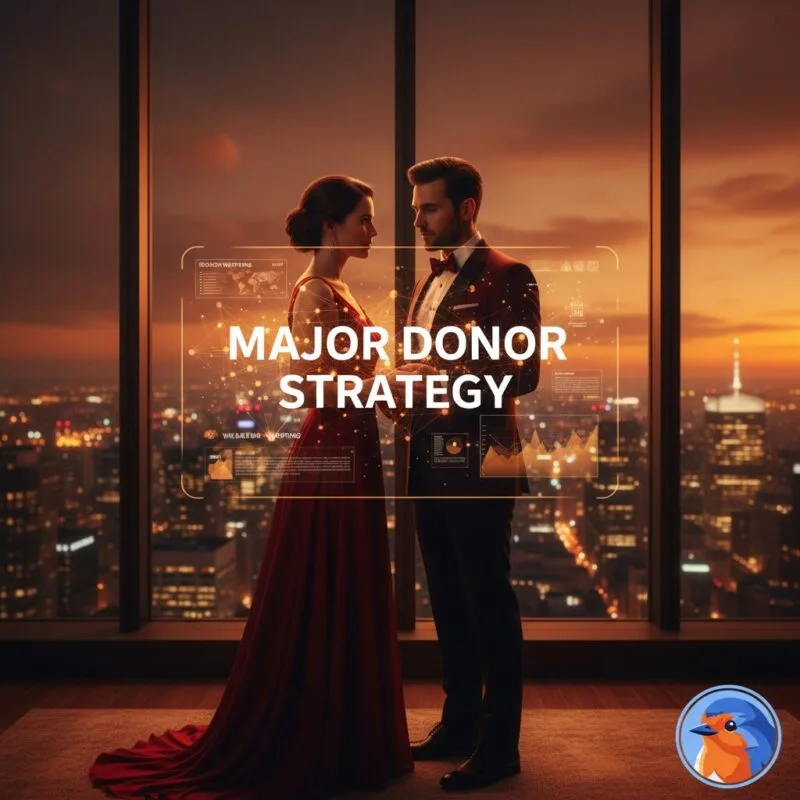 Major Donor Strategy featured image showing holographic data over a premium corporate boardroom