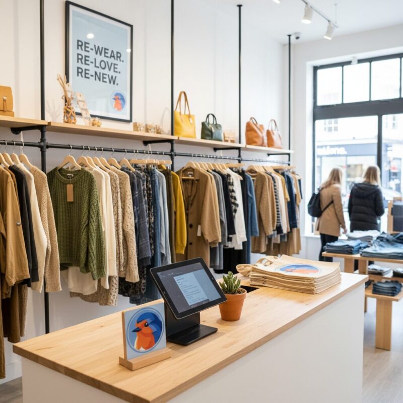 Modern UK charity shop interior with digital POS system and curated clothing racks