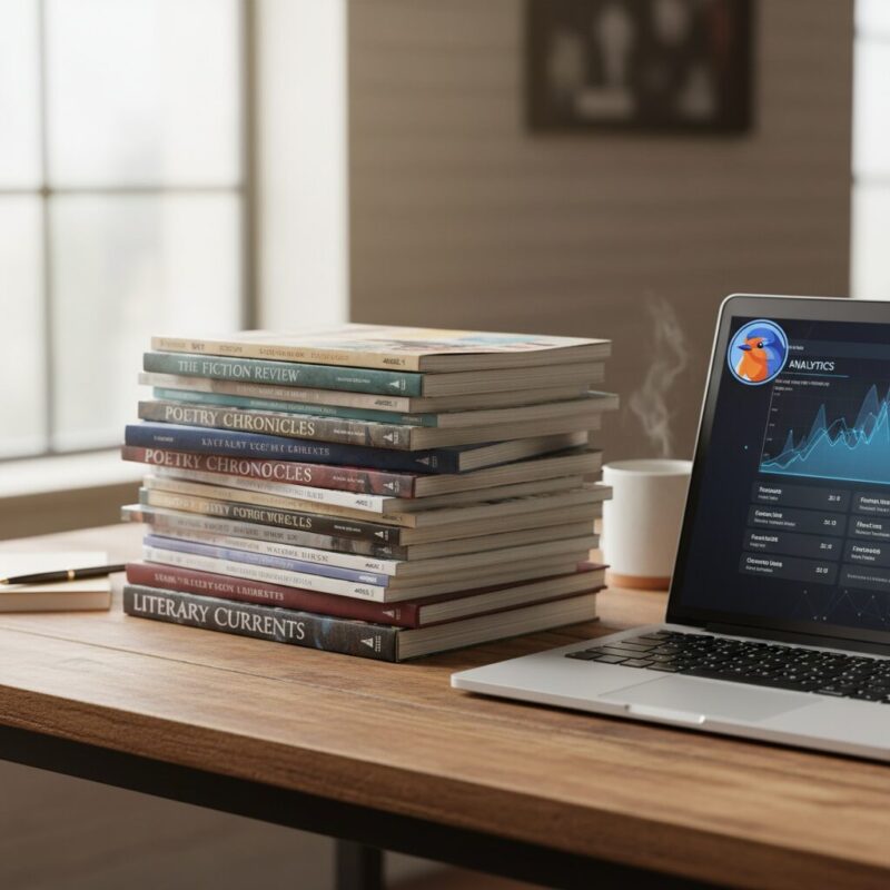 Modern writing workspace with laptop and stacked literary journals