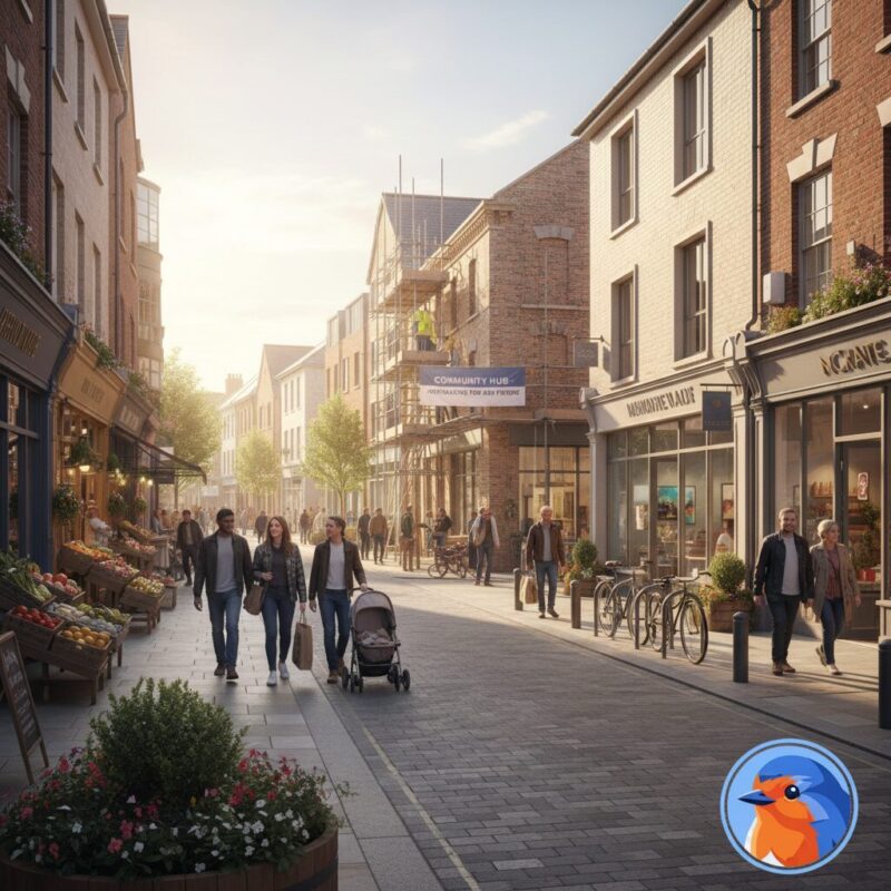 Modernized UK high street with integrated housing and local shops under morning sunlight