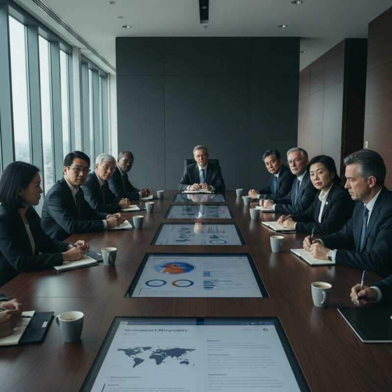 NGO directors and government officials reviewing strategy in a modern conference room