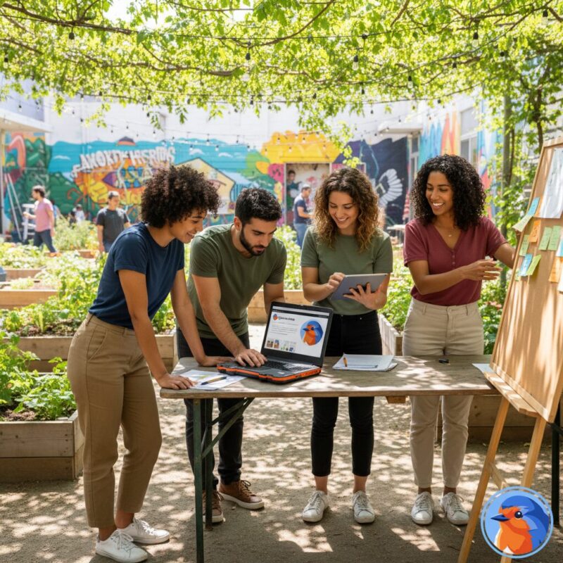 Nonprofit administrators collaborating on a laptop in an outdoor community setting