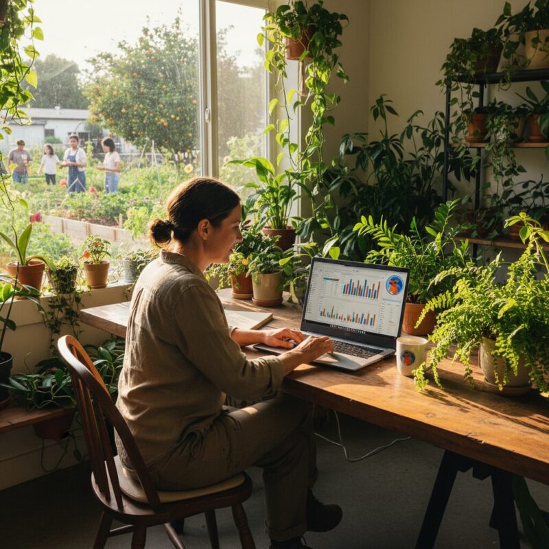 Nonprofit executive reviewing compliance dashboards in a modern green office