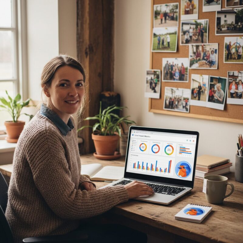 Nonprofit worker analyzing impact data on a laptop in a rural office