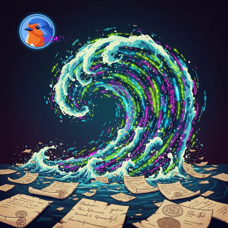 Parchment grants transforming into a glowing vortex of neon digital data