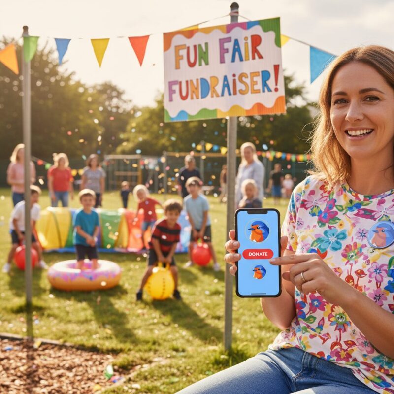 Parent using a digital donation app on smartphone at a vibrant UK school fundraising fair