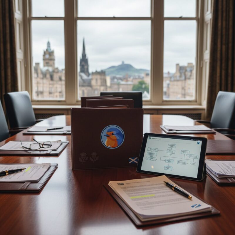 Professional Edinburgh boardroom table with governance documents