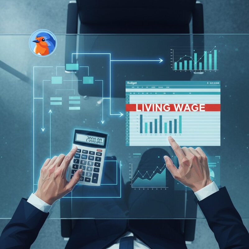 Professional hands reviewing organizational chart and budget data