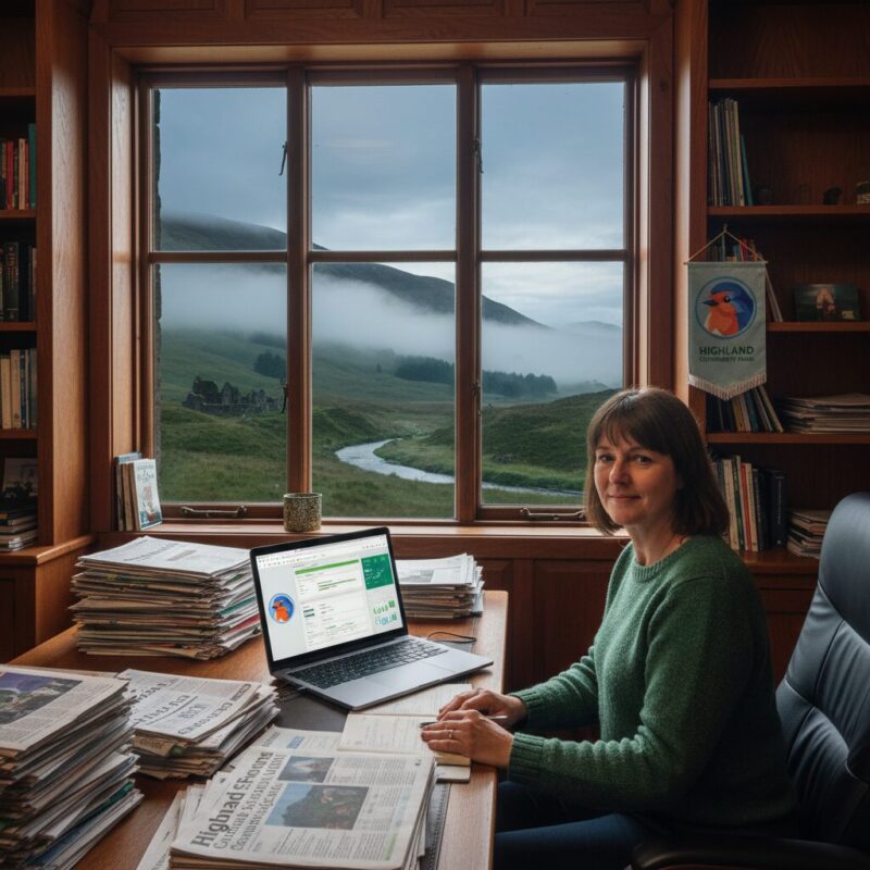 Professional reviewing local Scottish news clippings and grant applications on a laptop