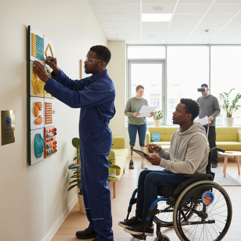 Professionals installing tactile sensory equipment in a bright community center