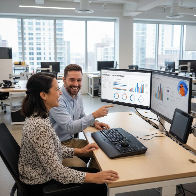 Professionals using specialized ergonomic keyboards and dual monitors to review grant data