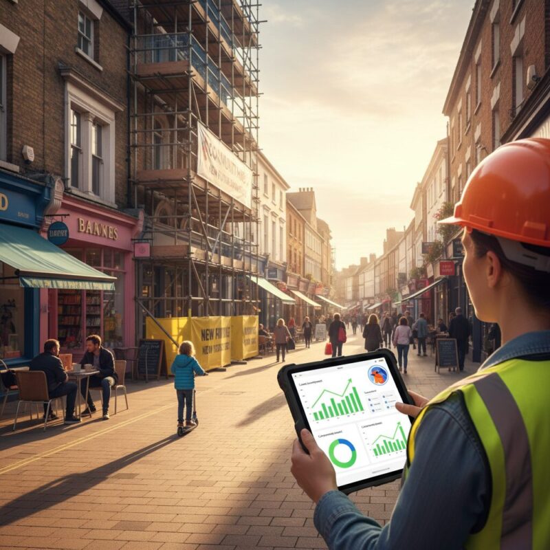 Project manager reviewing financial dashboard on a tablet at a high street renovation site