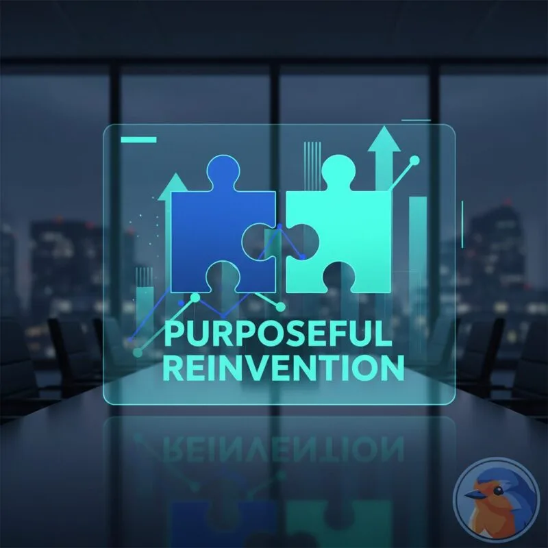 Purposeful Reinvention featured image with holographic puzzle pieces in a corporate boardroom