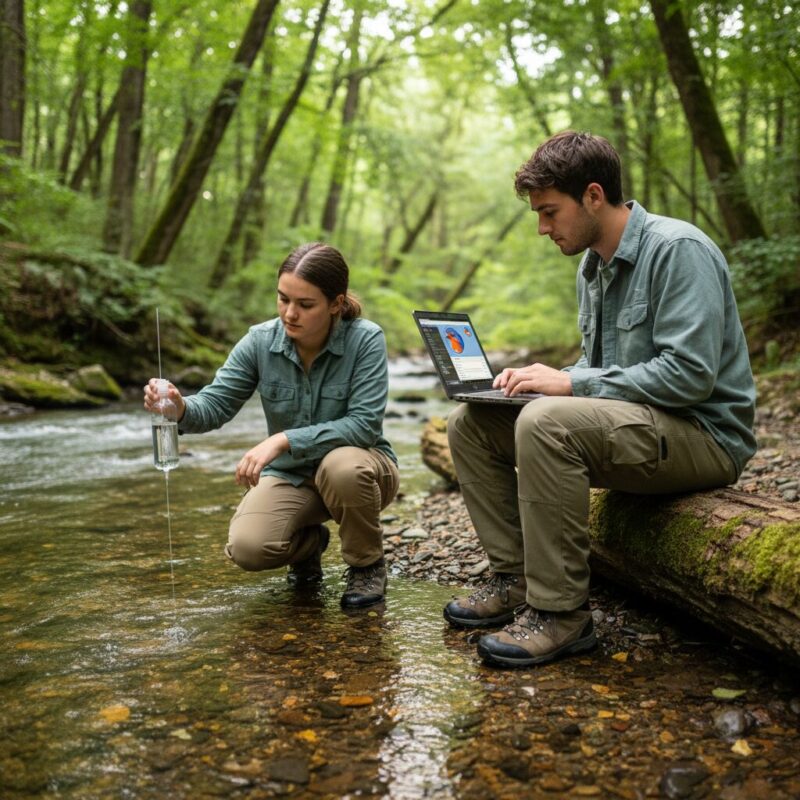 Researchers collecting and logging water quality data at a stream for environmental impact metrics