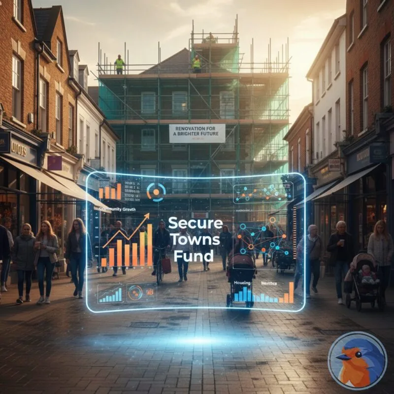 Secure Towns Fund featured image with holographic data over a UK high street