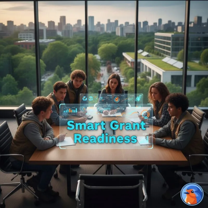 Smart Grant Readiness featured image with holographic environmental data charts in a modern boardroom