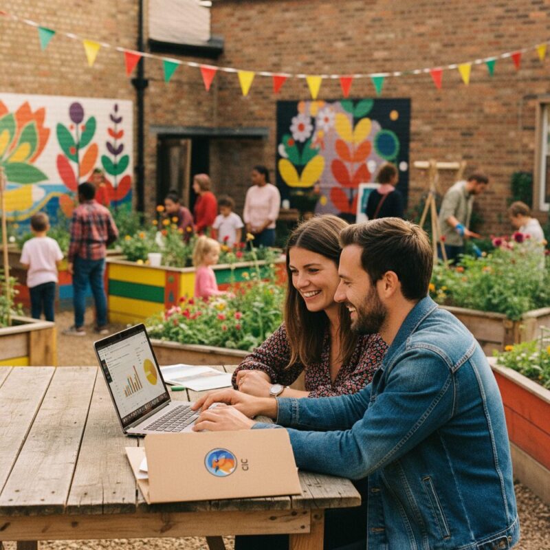 Social enterprise founders reviewing grant funding data on a laptop