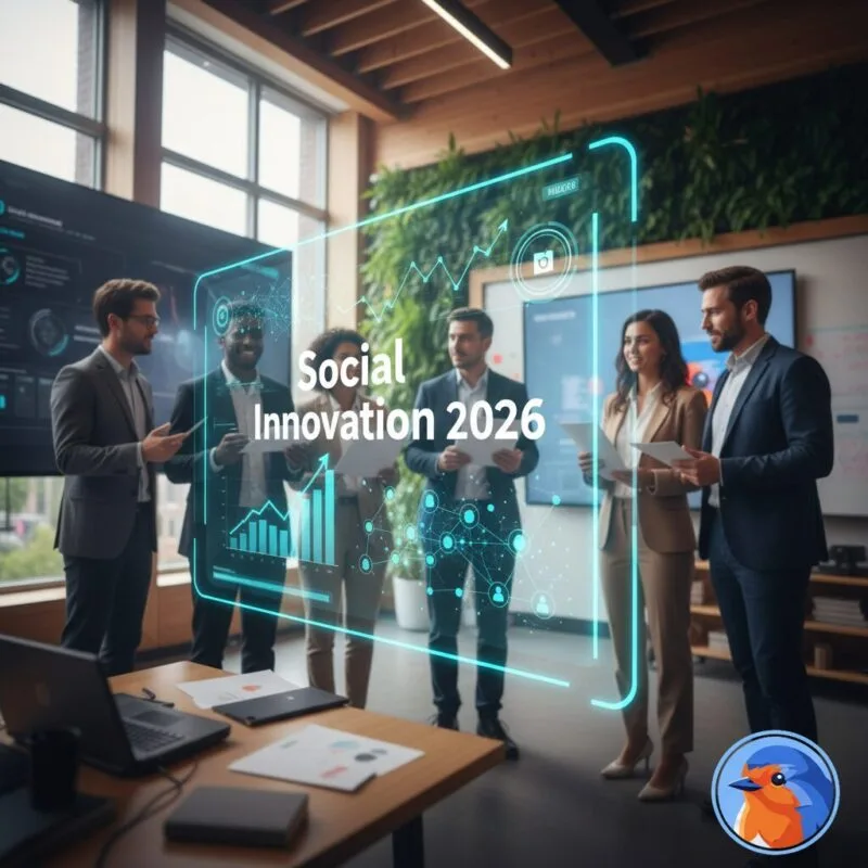 Social Innovation 2026 featured image with holographic data over a modern collaborative workspace