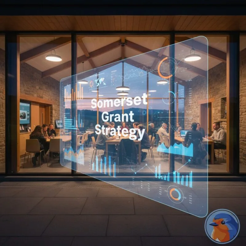 Somerset Grant Strategy featured image with holographic data over a community center