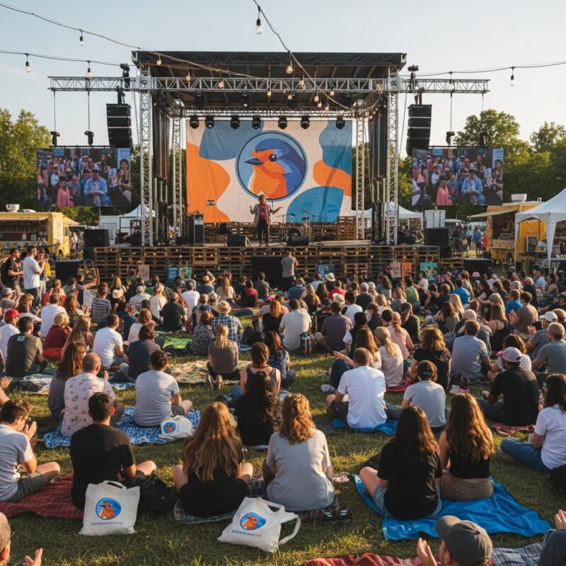 Speaker presenting to a large audience at an outdoor cultural festival
