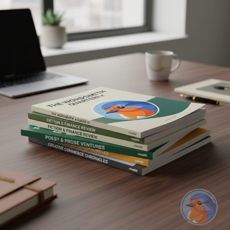 Stack of professional literary magazines on a wooden desk representing writing career goals