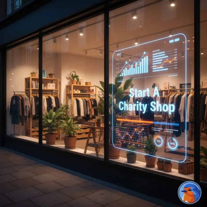 Start A Charity Shop featured image with retail storefront and holographic data overlay