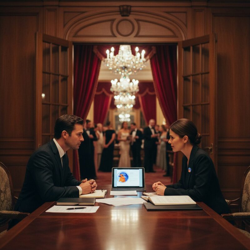 Strategic advisory meeting for major donor philanthropy in a sophisticated boardroom