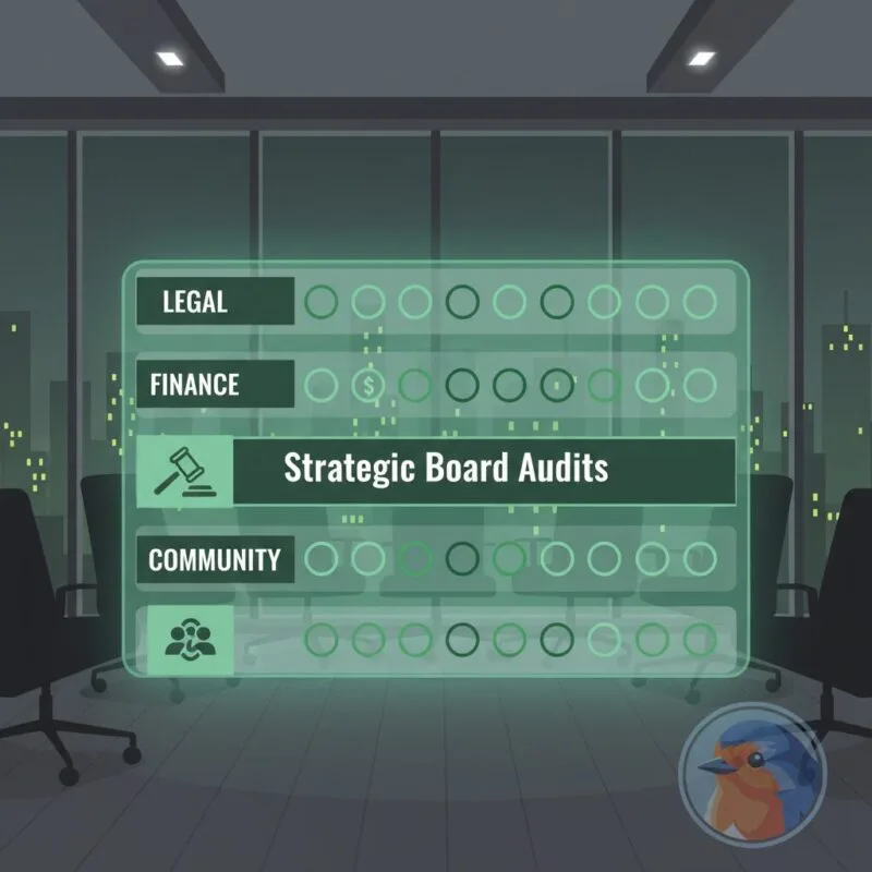 Strategic Board Audits featured image with holographic organizational charts in a modern boardroom