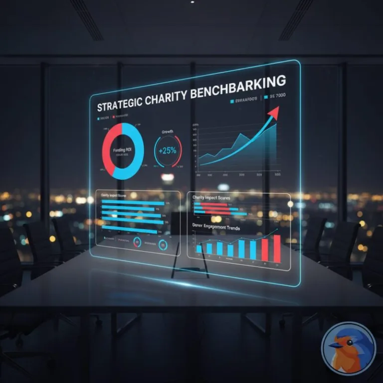 Strategic Charity Benchmarking featured image with holographic data dashboard in a boardroom