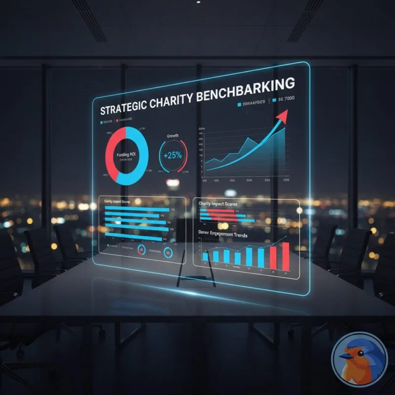 Strategic Charity Benchmarking featured image with holographic data dashboard in a boardroom