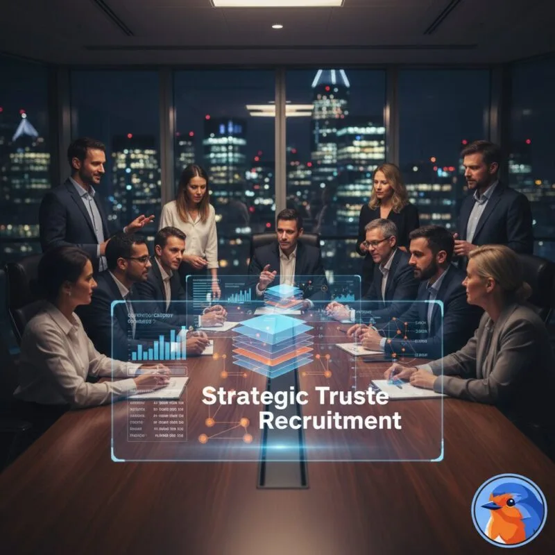Strategic Trustee Recruitment featured image showing a modern boardroom with glowing data holograms