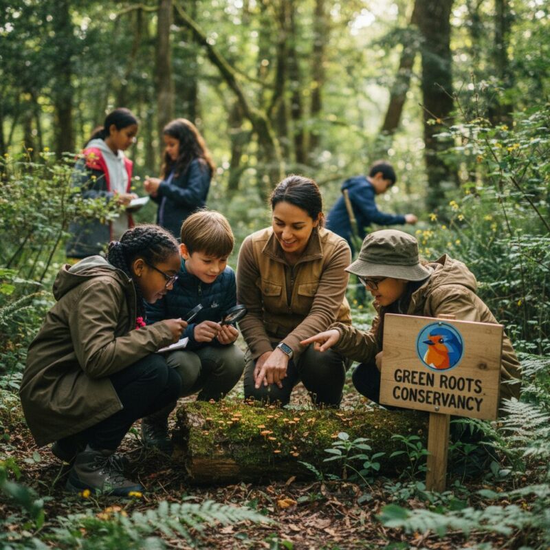 Teacher and students examining plants in a forest demonstrating outdoor environmental education