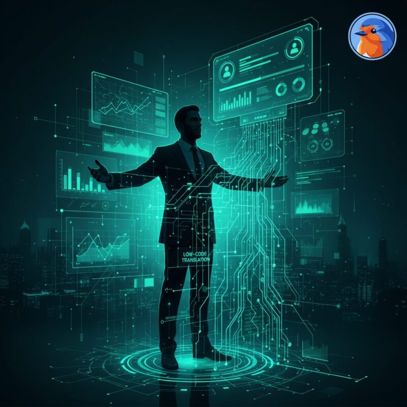 Teal and green infographic showing complex data transforming into a clean, low-code analytics dashboard
