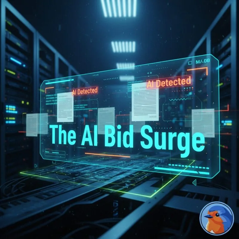 The AI Bid Surge featured image showing a holographic scanner analyzing grant applications in a server room