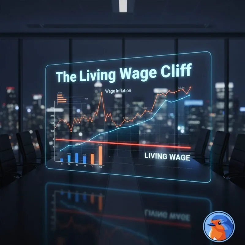 The Living Wage Cliff featured image with holographic financial charts in corporate boardroom