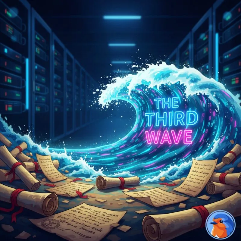 The Third Wave of philanthropy featured image with neon binary data wave and modern servers