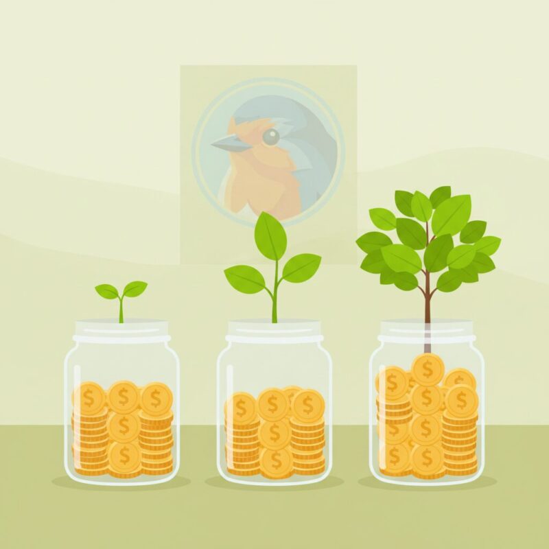 Three glass jars with coins and growing plants representing a database of charity grants