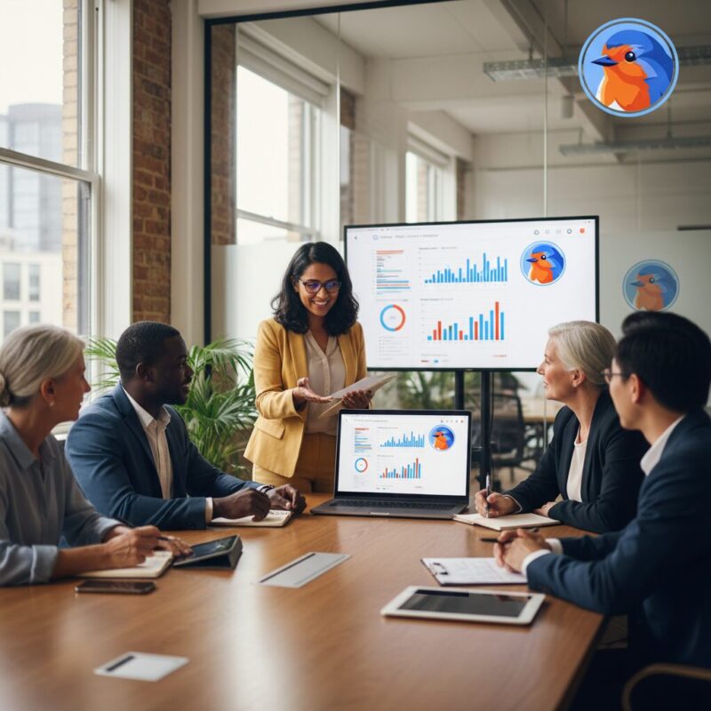 Trustees using technology to review grant funding data in a professional setting