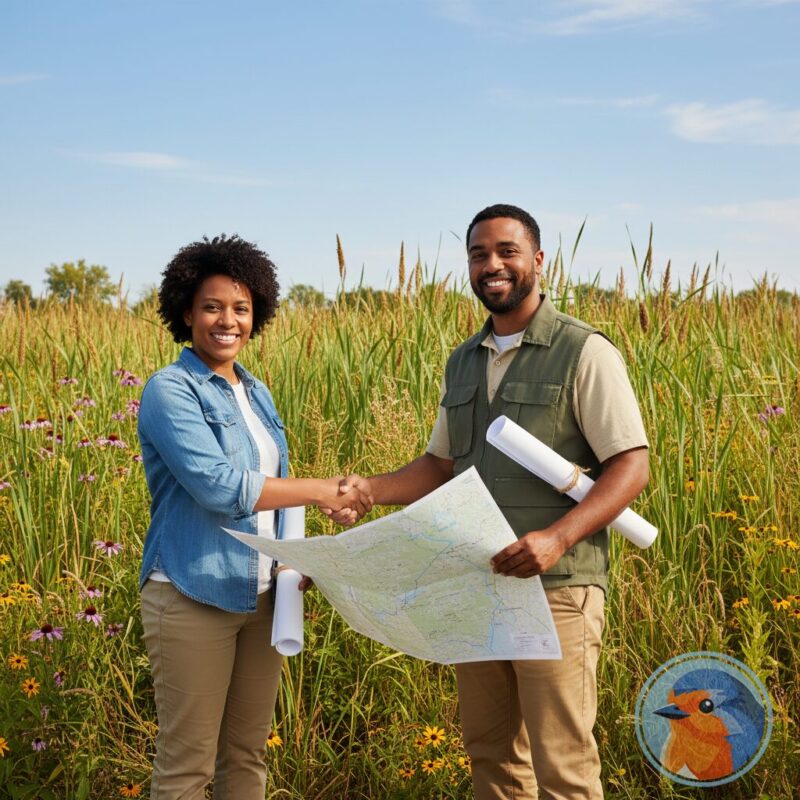 Two community leaders shaking hands in front of a restored urban wetland project