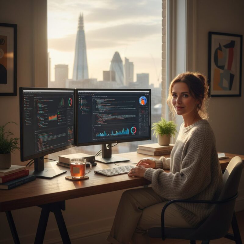 UK-based freelance bid consultant working on funding strategies in a London home office