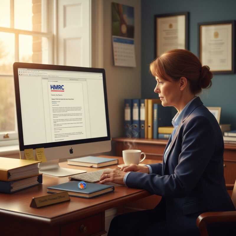 UK charity finance officer reviewing HMRC gift aid rules on a computer monitor