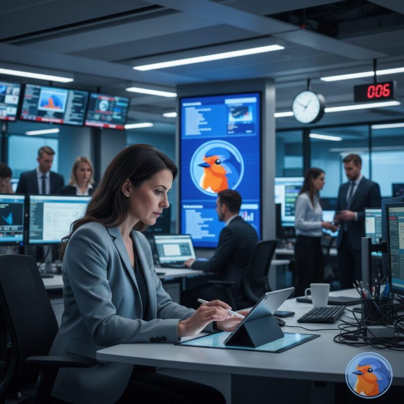 UK charity leader reviewing media impact data in a modern newsroom