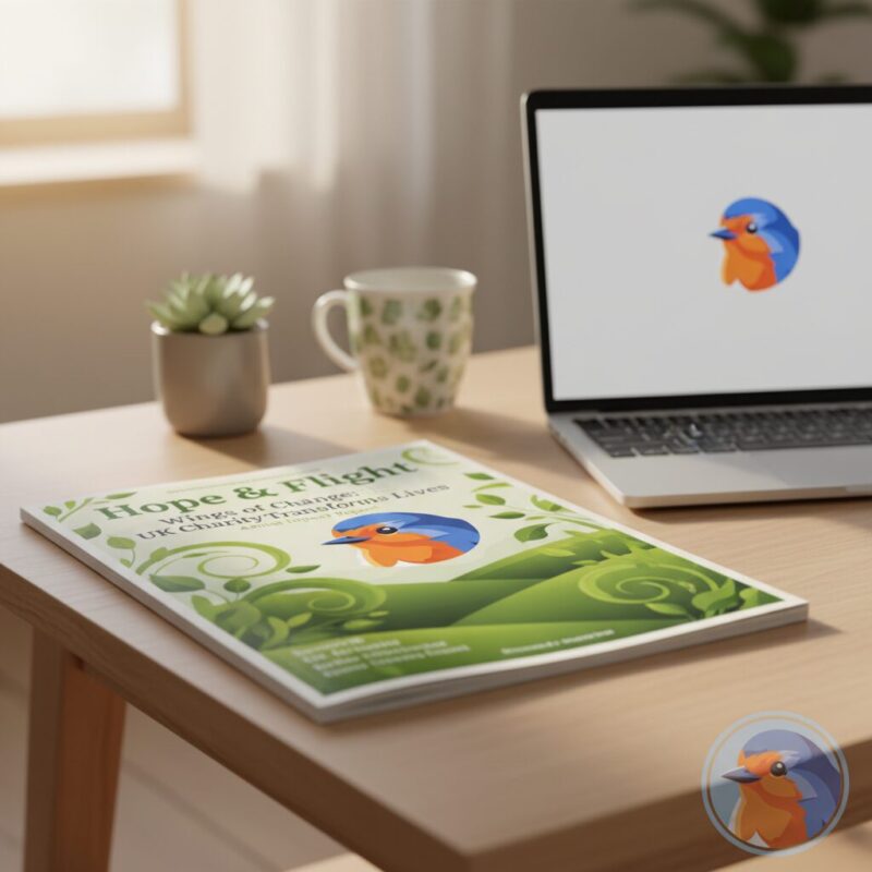 UK charity magazine and laptop on a coffee table in a modern editorial workspace