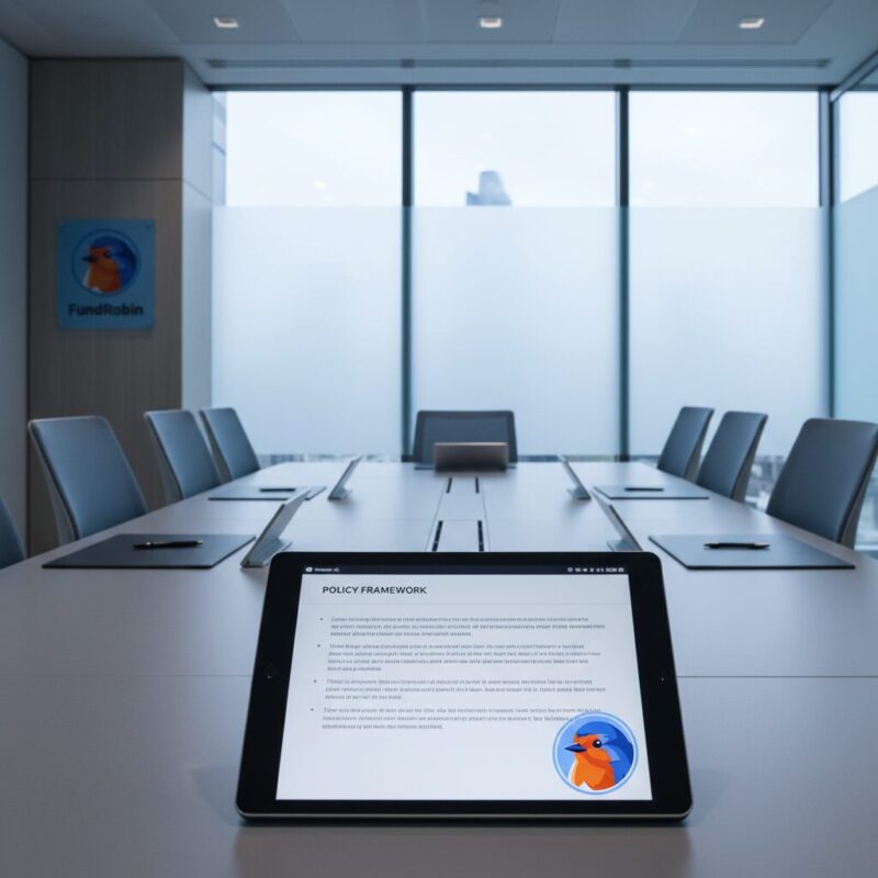 UK charity trustees reviewing an AI governance policy document on a digital tablet in a modern boardroom