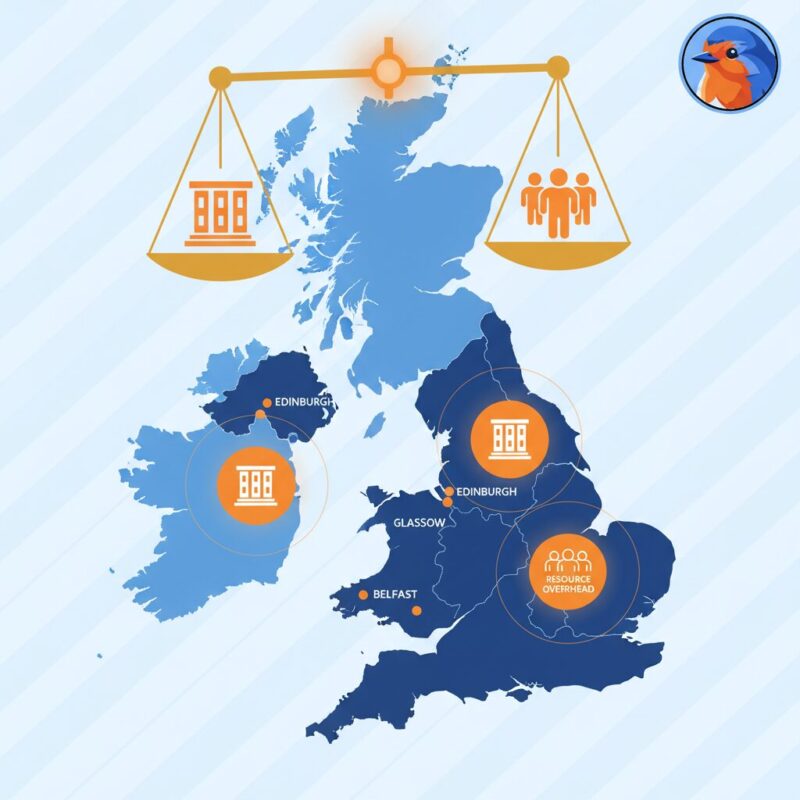Vector illustration balancing capital assets and resource funding over a UK map