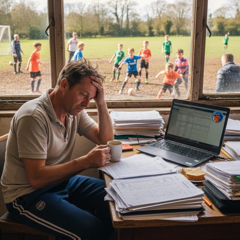 Volunteer club secretary managing grassroots football funding paperwork